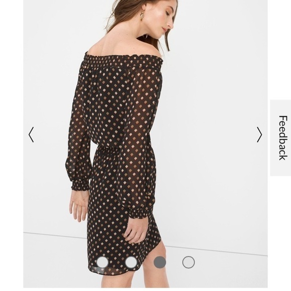 White House Black Market Off The Shoulder Printed Dress Chiffon Black Tan Sz M - Picture 3 of 12